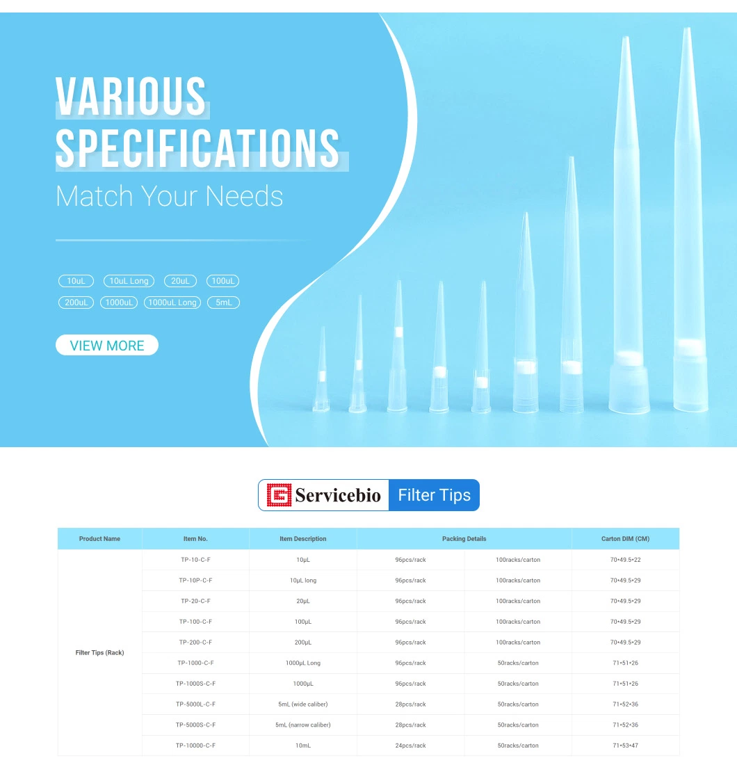10UL 20UL 100UL 200UL 1000UL 5ml 10ml Universal Disposable Lab Micro Plastic Filter Pipette Tips for Various Pipettes